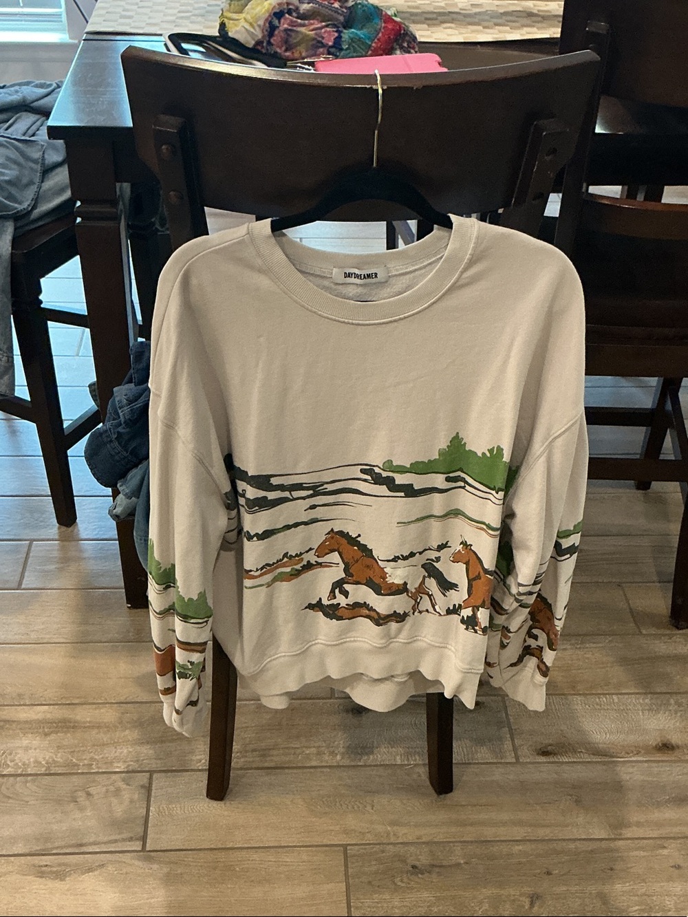 Daydreamer Cream Crewneck Sweater with Horse Graphic and Green Accents